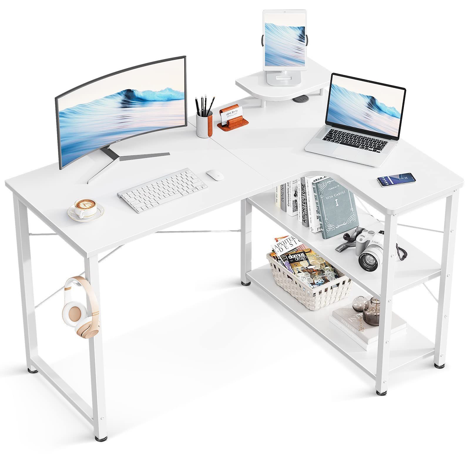新着商品 ODK ゲーミングデスク L字 パソコンデスク 幅110 デスク desk 机 pcデスク 棚付き オフィス ワーク 在宅勤務 子 作業机 組立簡単 ホワイト 右棚