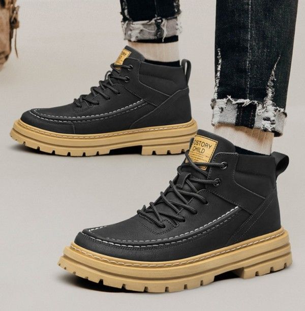 冬靴 ショートブーツ 厚底 ６ｃｍ防寒 カジュアル マーティンブーツ ワークブーツ シューズ シンプル 牛革 秋 冬 男女兼用 2色選択可 HAPPYPLANETSERVICEAPARTMENTS_COM