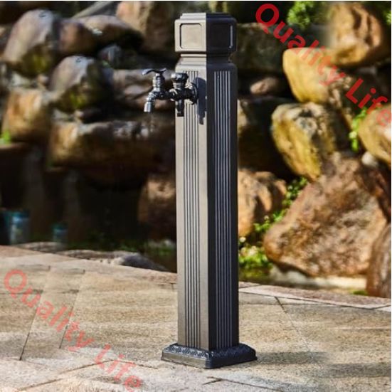 屋外水栓 立て水栓 ガーデン水栓柱 凍結防止 自立型ガーデンウォーターコラム 垂直不凍液ガーデンウォーターコラム アルミ合金製屋外蛇口 真鍮製タップ ホースホルダー 15m伸縮ホース スプレーガン付きウォーターコラム 65CM