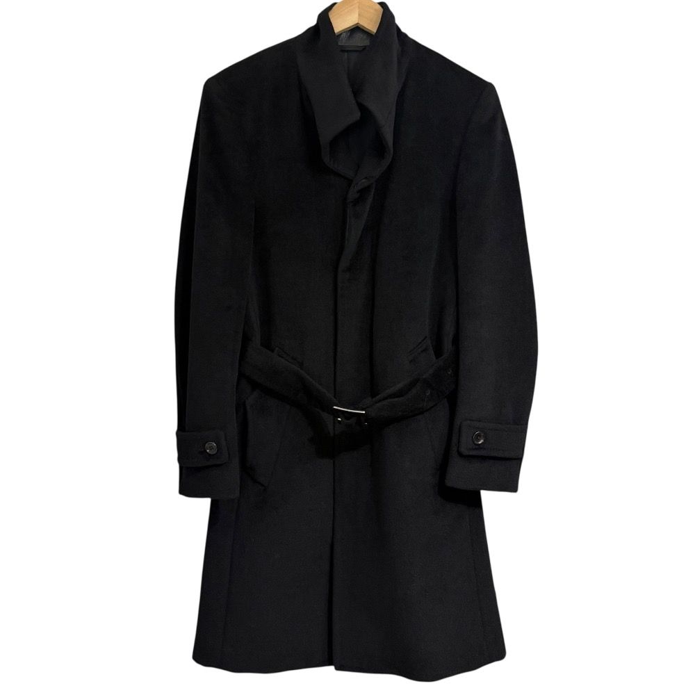 ARTISAN アルチザン 襟レザー アンゴラブレンド ベルテッド スタンドカラーコート S ブラック メンズ 古着