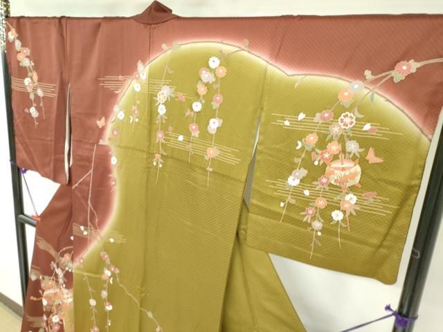平和屋着物○訪問着 糸車舞蝶花文 暈し染め 金彩 ロング丈 正絹 逸品
