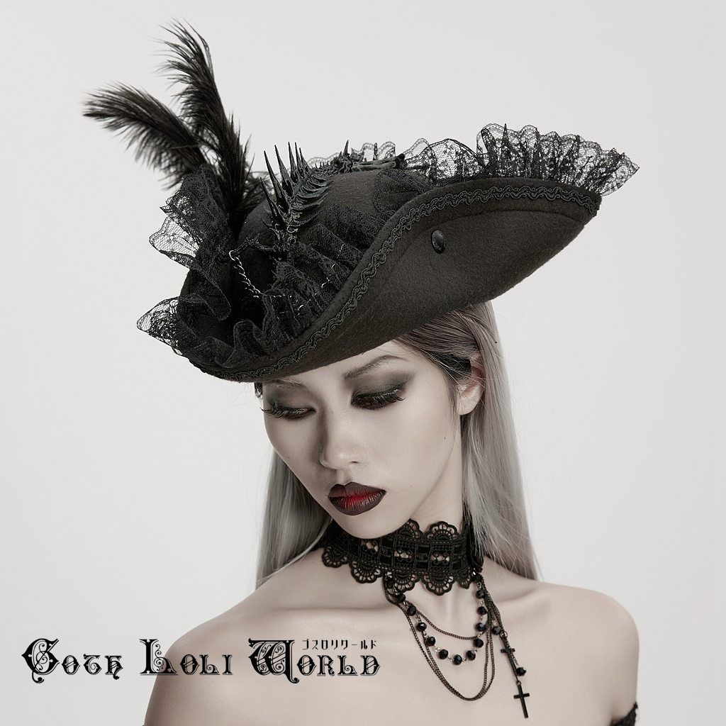 ゴスロリワールド WS-820MZ-BK 地雷系 パンク ロック ファッション 羽根付 三角帽子 海賊 帽子 ハット 化粧 ゴシック ゴスロリ ビジュアル系 ヴィジュアル系