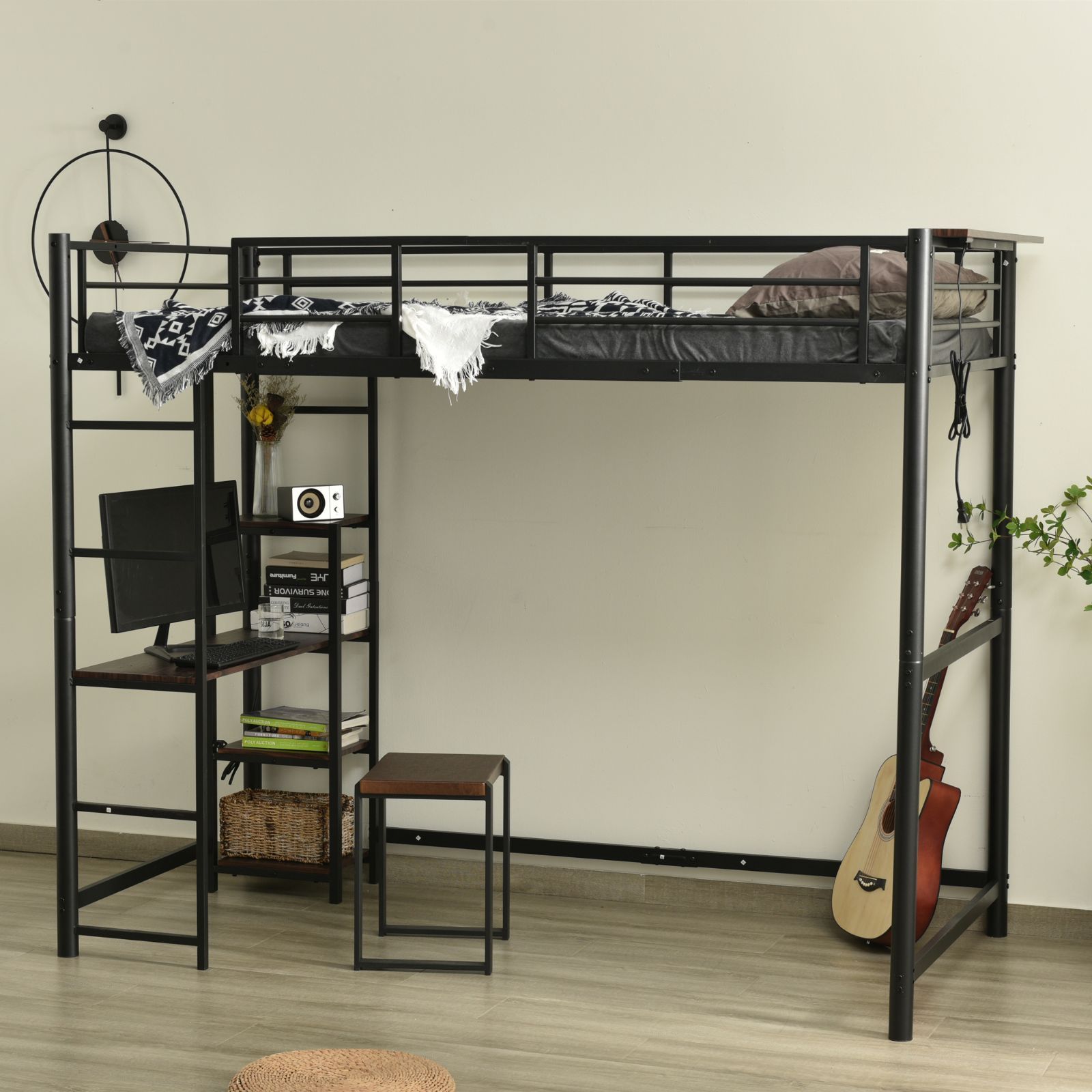 2段階 家具・インテリア ブラックロフトベッド シングル パイプベッド