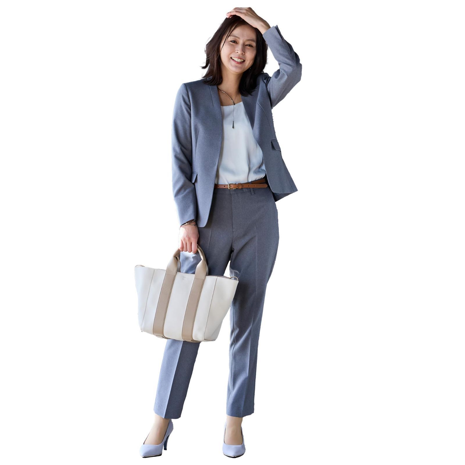 セール MAISONCOMFY スーツ レディース パンツスーツ セットアップ カラーレス テーラードジャケット ジャケット 洗える テーパードパンツ ビジネススーツ