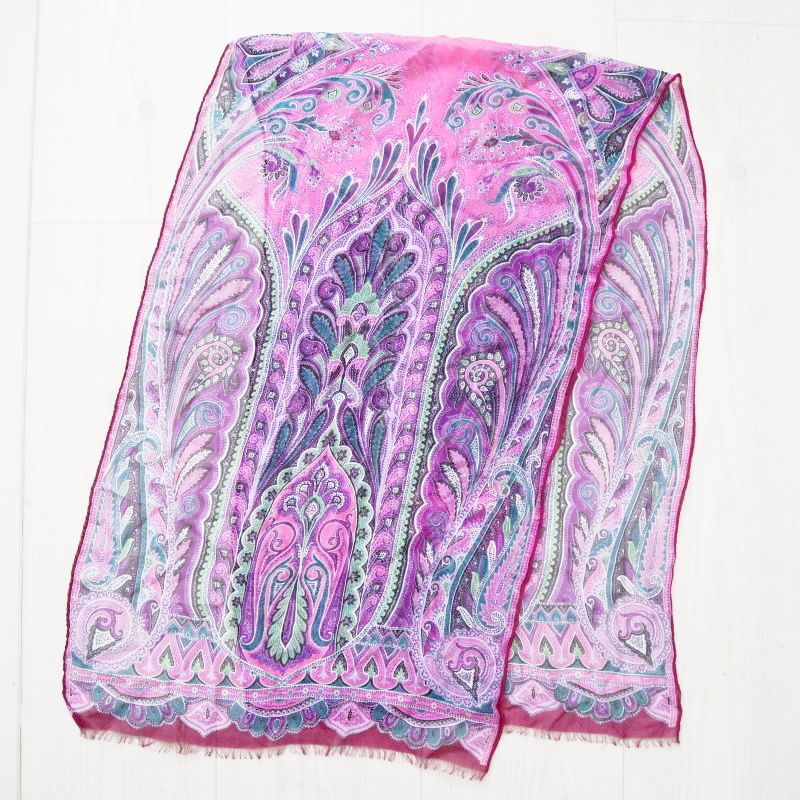 ETRO エトロ ペイズリー柄 シルク シースルー スカーフ ストール パープル K10-k024