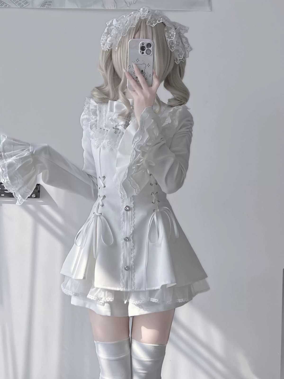 ホワイト ゴシック ロリータ ワンピース セットアップ レース ベール 十字架 ネックレス付き ホワイト 修道女風 コスプレ 衣装 天使系 地雷系 病みかわいい モード 原宿系 長袖 フ ショート丈 スカート 白 韓国ファッション