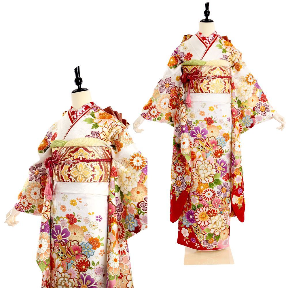 振袖 振袖フルセット 振袖セット USED振袖 中古 白 古典柄 牡丹 菊 7点