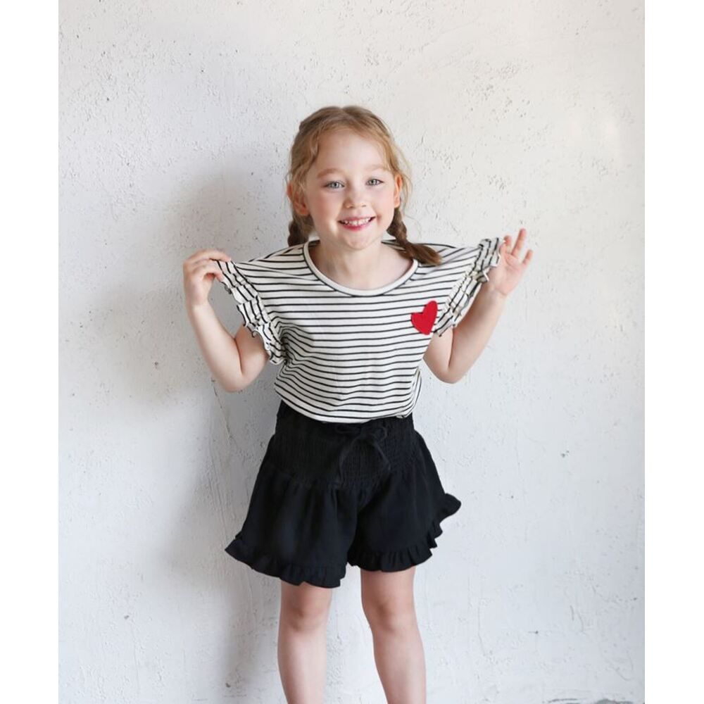 ホワイト  130cm  ハートキュンドロップショルダー半袖Tシャツ キッズ Tシャツ 半袖 女の子 カットソー 73022401 半袖Tシャツ 夏服 フリル ボーダー ハート ワンポイント ドロップショルダー 可愛