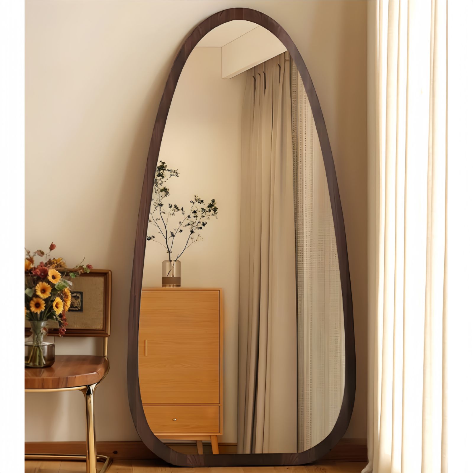 セール中」全身鏡 水滴型 姿見鏡 北欧 木目調 スタンドミラー