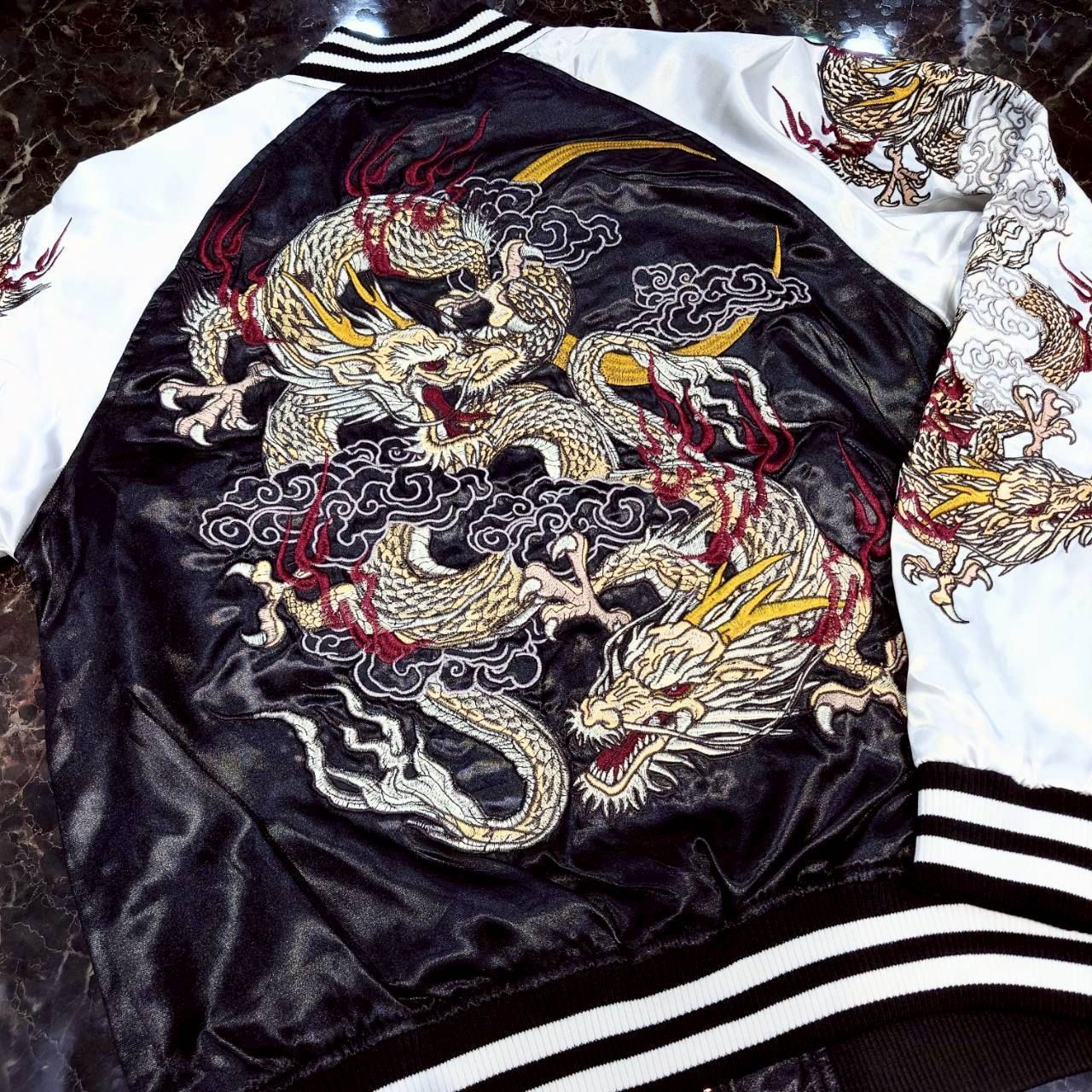 ☆【朧 -OBORO-/双龍 龍 袖龍/スカジャン サテン/総刺繍】長袖