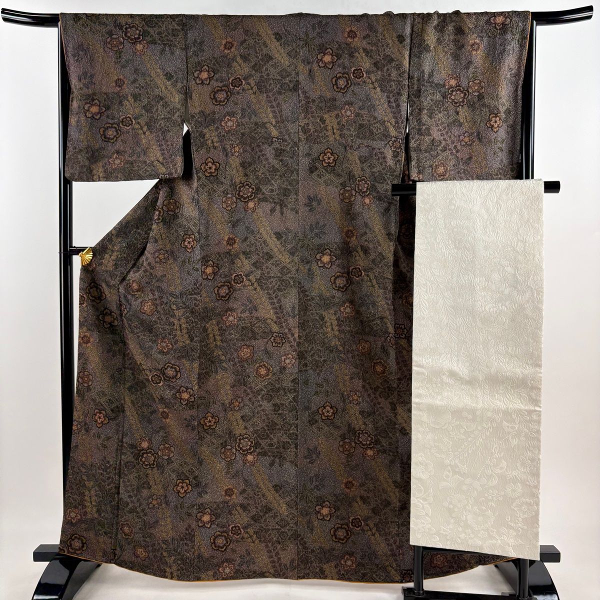 小紋 身丈164.5cm 裄丈67cm M 袷 名古屋帯セット 草花 菱 箔通し 茶紫 正絹 秀品