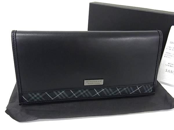 BURBERRY バーバリーブラックレーベル レザー チェック柄 二つ折り 長財布 ウォレット メンズ ブラック系 BS0483