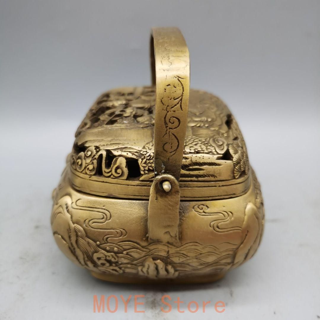 銅器 浮彫二仙香薫炉 手提げ暖手炉 香炉 香道具 装飾品 工芸品