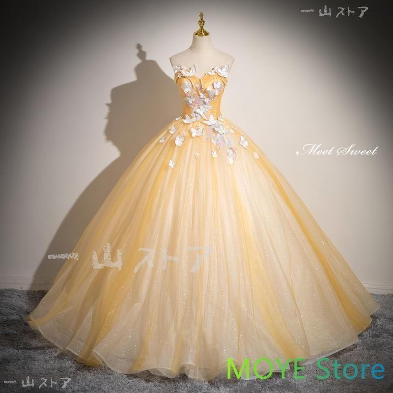 ドレス プリンセスライン イエロー ベアトップ 蝶 袖なし ロングドレス ウェディングドレス 結婚式 二次会 花嫁 前撮