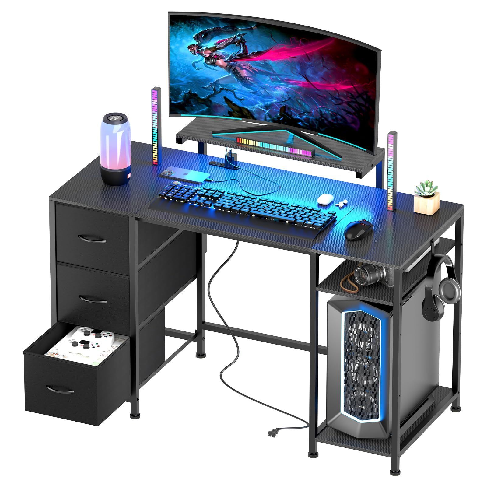 pcデスク ワークデスク 机 オフィス 左右入れ替え対応 勉強机 棚高さ調節 引き出し3杯 computer コンセント付き desk モニター台高さ調節 テレワーク 収納たっぷり ゲーミングデスク 書斎 パソコンデスク カーボンファイバーブラック