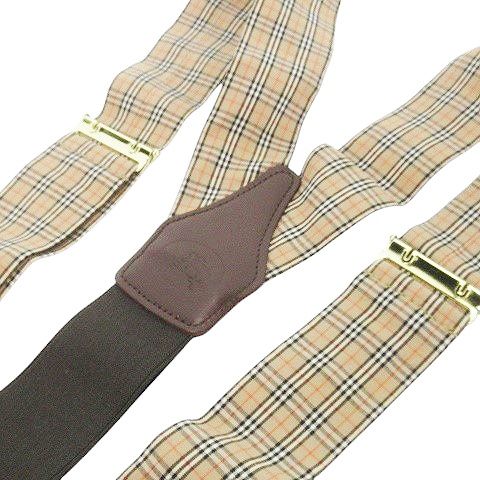 バーバリー .5 Y型サスペンダー クリップエンド レザーエンド ファブリック レザー ロゴ刻印 ノバチェック 茶 ブラウン ベージュ MN 4 GY 11