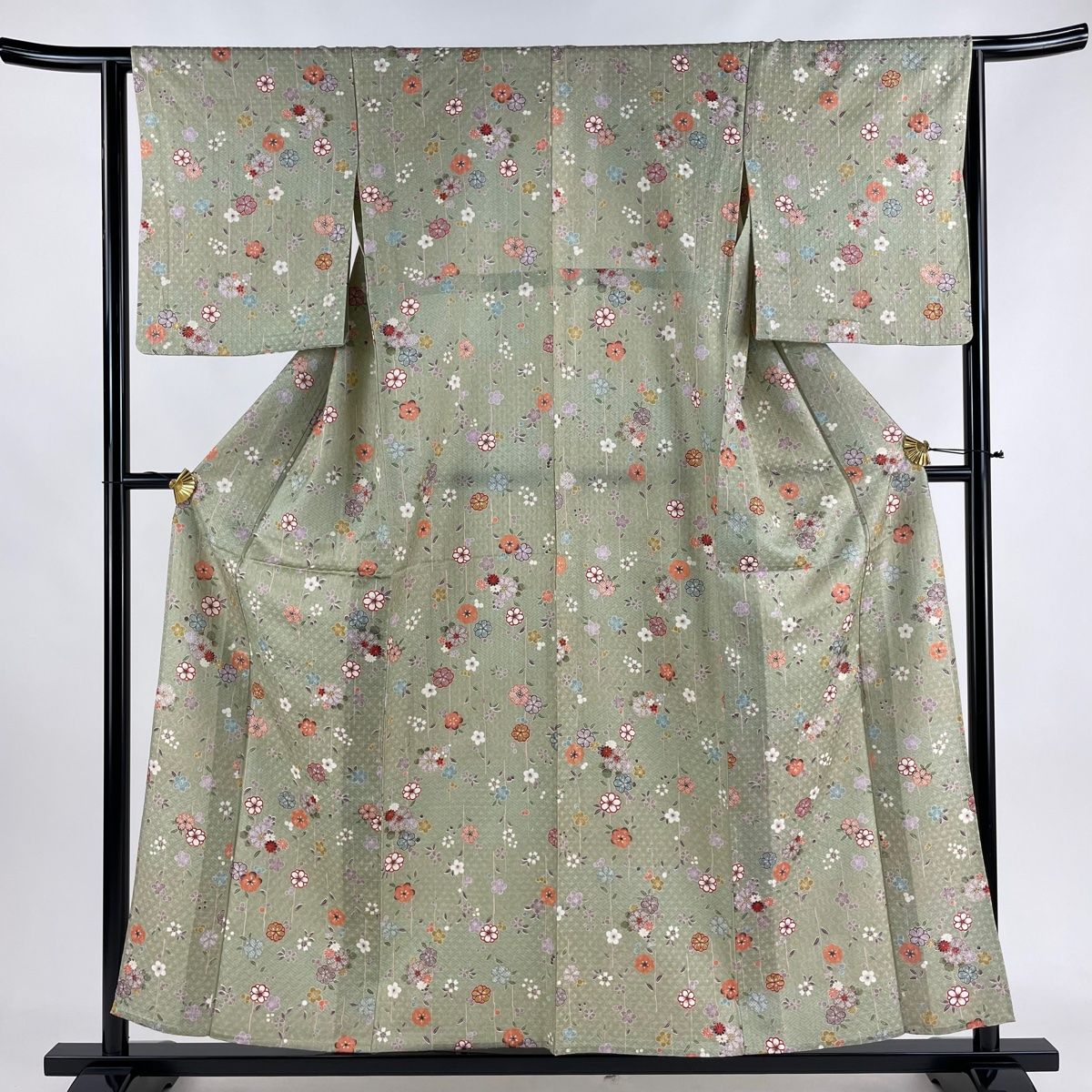 小紋 身丈157cm 裄丈63.5cm S 単衣 梅 桜 金銀彩 灰緑 正絹 秀品