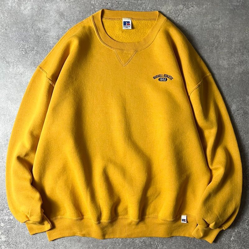 90s USA製 RUSSELL ワンポイント ロゴ 刺繍 スウェット トレーナー XXL / 90年代 アメリカ製 オールド ラッセル イエロー スエット