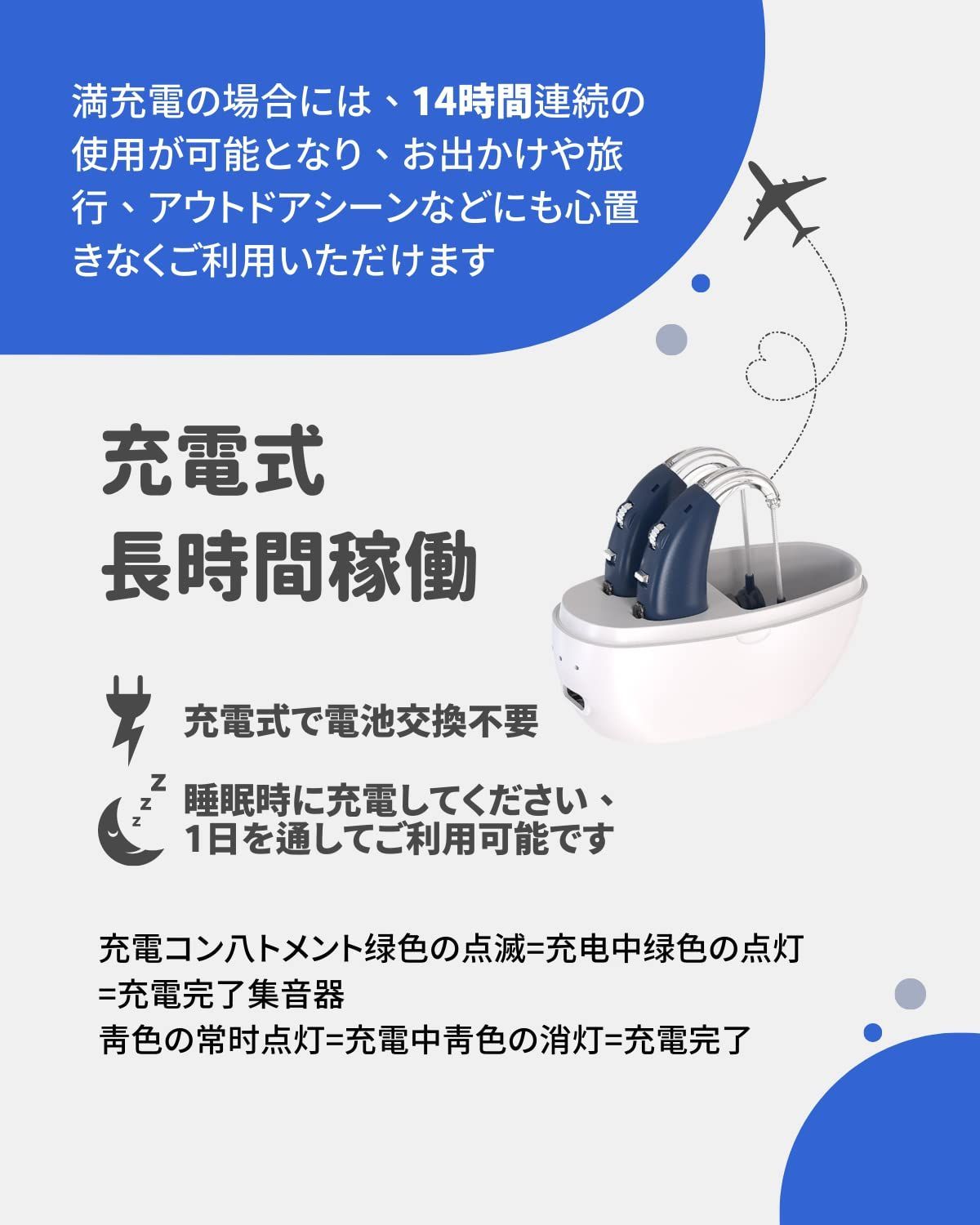 休み 両耳装用 集音器 音声拡張器 耳掛けタイプ 左右両用 充電式 音量4