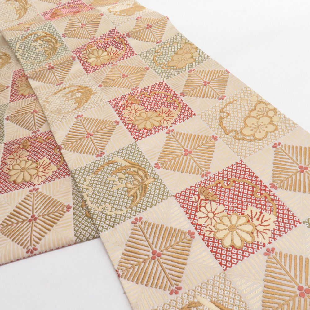 【夏の袋帯】 和装 着物 全通柄 市松紋様 絣 草花模様 金糸入り 夏の袋帯】 和装 着物 全通柄 市松紋様 絣 草花模様 金糸入り