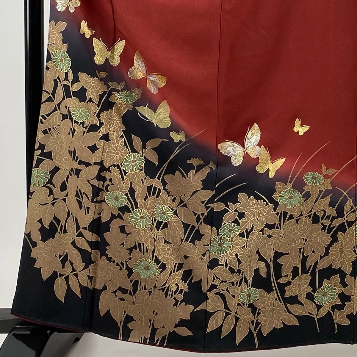 振袖 身丈162.5cm 裄丈65cm M 袷 御所車 桧扇 刺繍 金糸 青 正絹 秀