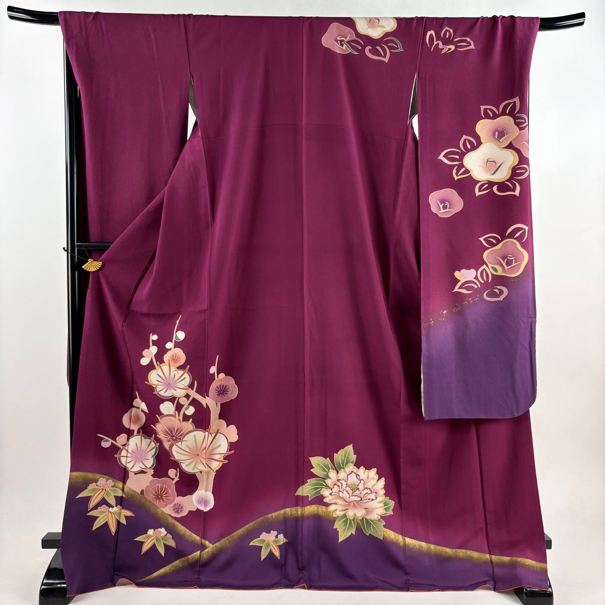 振袖 身丈174cm 裄丈69cm L 袷 枝梅 笹 金彩 赤紫 正絹 秀品