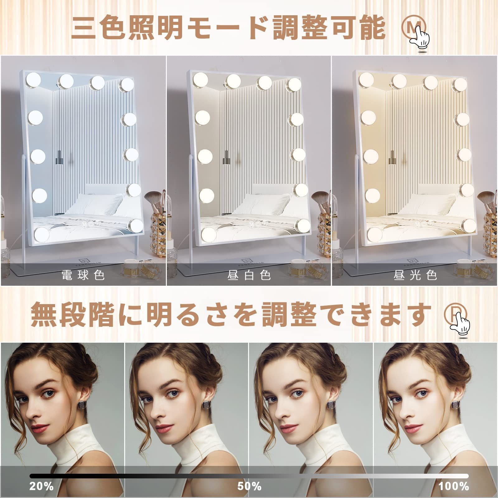 数量 卓上ミラー ハリウッドミラー 三色照明モード 卓上鏡 明るさ調節 女優ミラー ハリウッドLED電球付き 10倍拡大鏡付き 化粧鏡 360度回転 FENCHILIN 日本語取扱説明書付き ホワイト