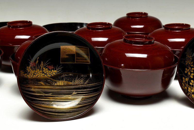 蔵C9321f 塗師 貴志川作 溜塗見返絵替草花文蒔絵 吸物椀 十客 共箱