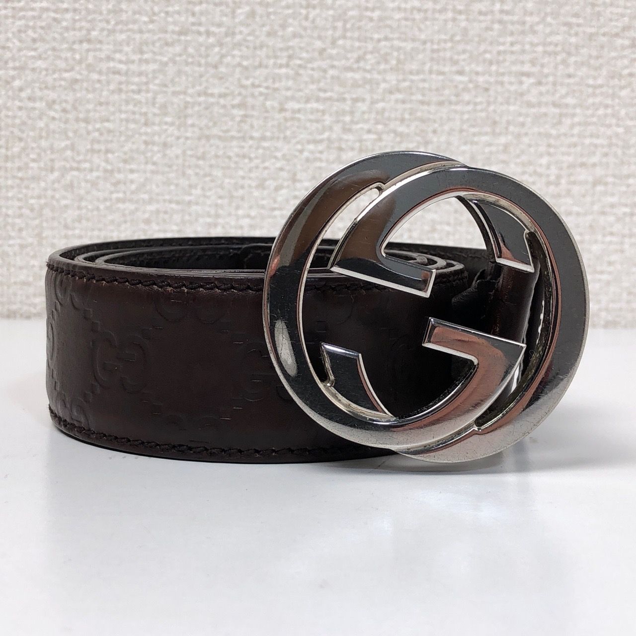 GUCCI　GG柄　ベルト　インターロッキング　シマ　レザー　ブラウン グッチ ブラウン インターロッキングG GG シマ レザーベルト