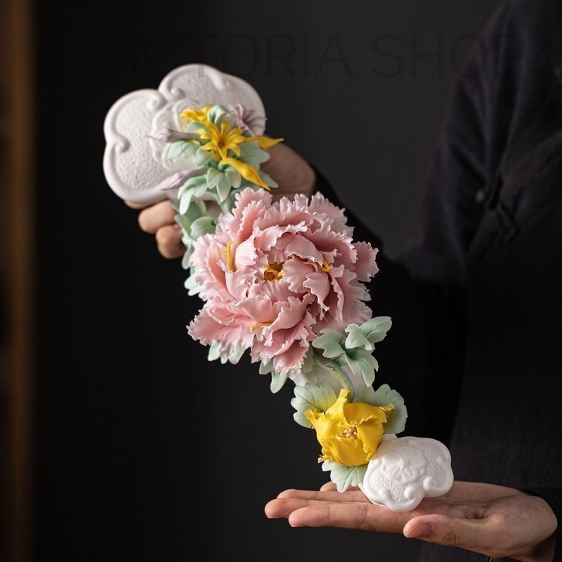♥ 牡丹 花 フラワー 置物 オブジェ ピンク イエロー ホワイト 風水グッズ 精密細工 縁起物 運勢アップ インテリア オフィス 玄関 恋愛運 開運 お守り 魔除け 幸運 金運 健康運 インテリア リビング