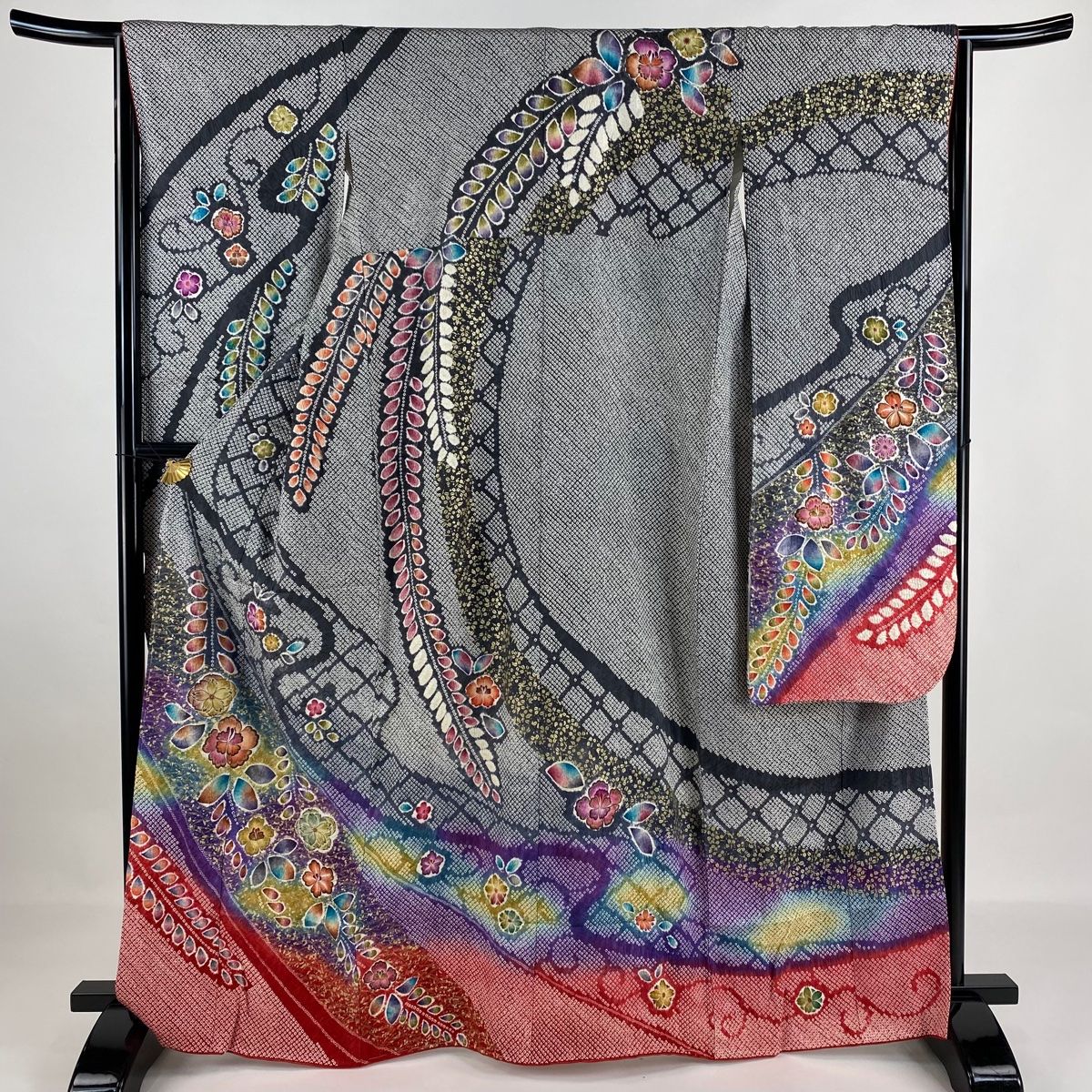 振袖 身丈164cm 裄丈64cm M 袷 鈴乃屋 桜 流水 絞り 刺繍 黒灰 正絹