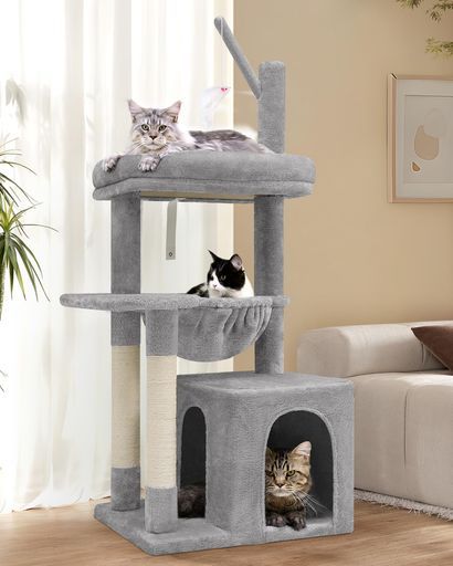 Globlazerキャットタワー低い据え置き猫タワー多機能組み立て簡単ネコハウス見おろし展望台ハンギングバスケット吊り上げたネズミおもちゃ爪とぎポール爪研ぎ天然麻紐小さめコンパクト…