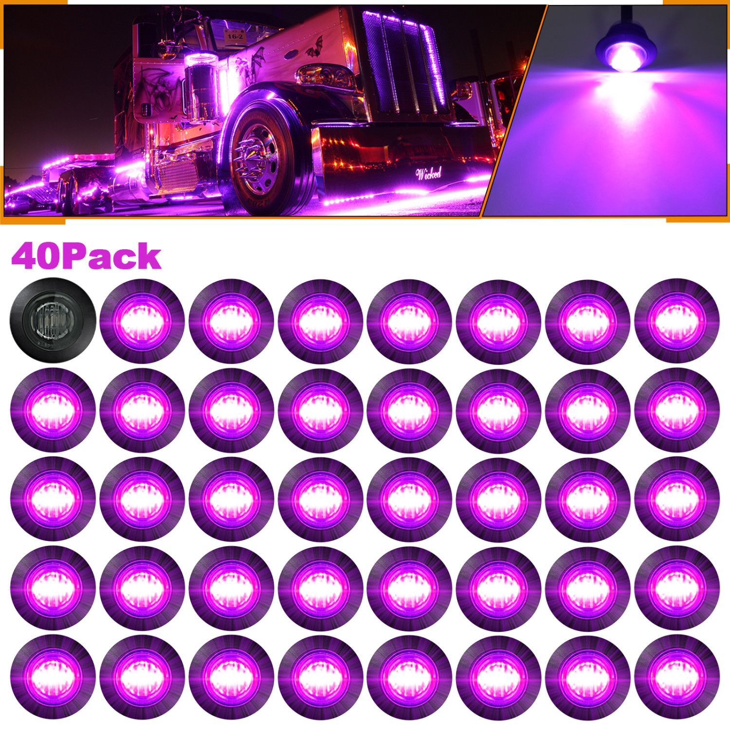 40個セット サイドマーカー LED パープル 紫 防水 12V 24V トラック用