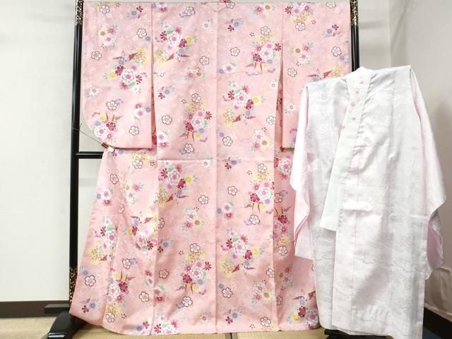 平和屋着物●小振袖 二尺袖 長襦袢セット 折り鶴舞花文 金彩 半衿刺繍 洗える着物 CAAW8382yc