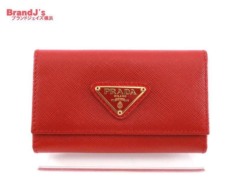 プラダ 6連キーケース キーホルダー トライアングル サフィアーノレザー 赤系 レッド 1M0222 ゴールド金具 三角プレート PRADA |33953