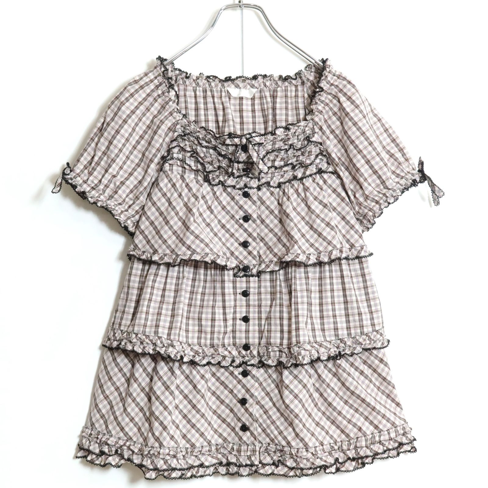 美品　ピンクハウス　チュールブラウス　トップス　ピコフリル　段々フリル　リボン 美品ピンクハウスチュールブラウストップスピコフリル段々フリルリボン