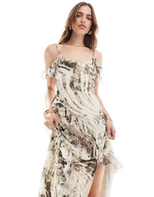 【送料無料】 マンゴ レディース ワンピース トップス Mango mixed animal bardot midi dress in gray Gray