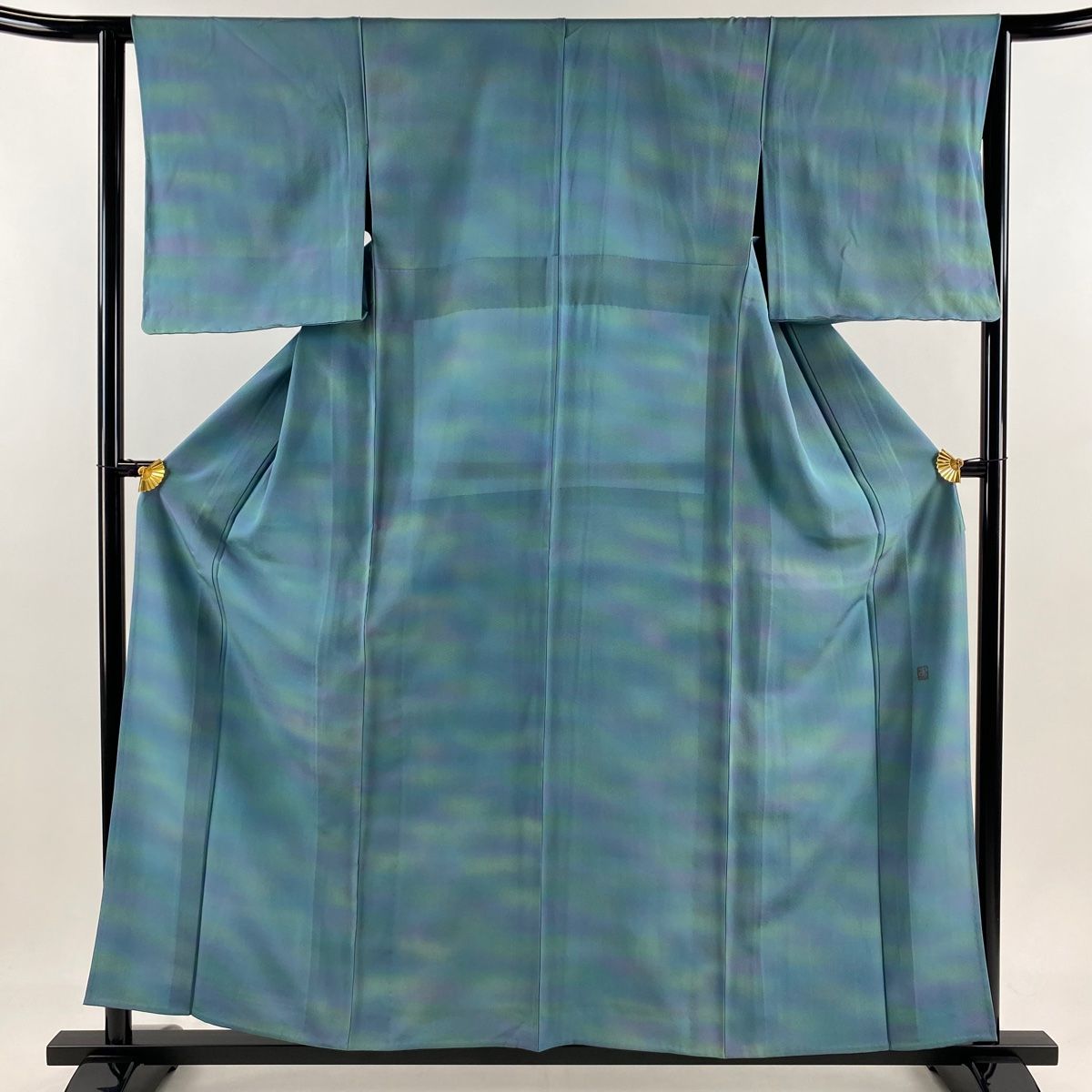 小紋 身丈158cm 裄丈63cm S 単衣 落款 ぼかし柄 青緑 正絹 秀品