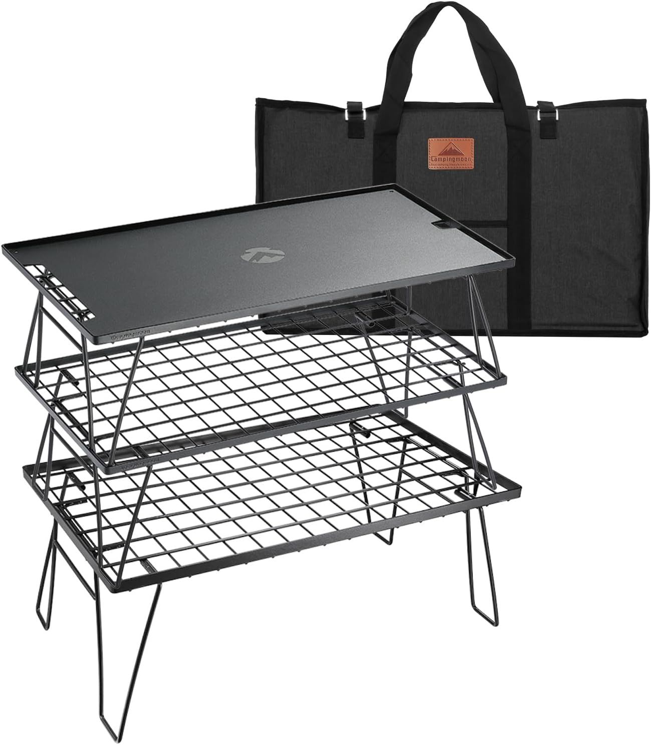 キャンピングムーン CAMPING MOON フィールドラック グラウンドラック 折り畳みラック 黒メッキスチール製 収納バック付き 本体T-230 2点 アルミ天板 セット