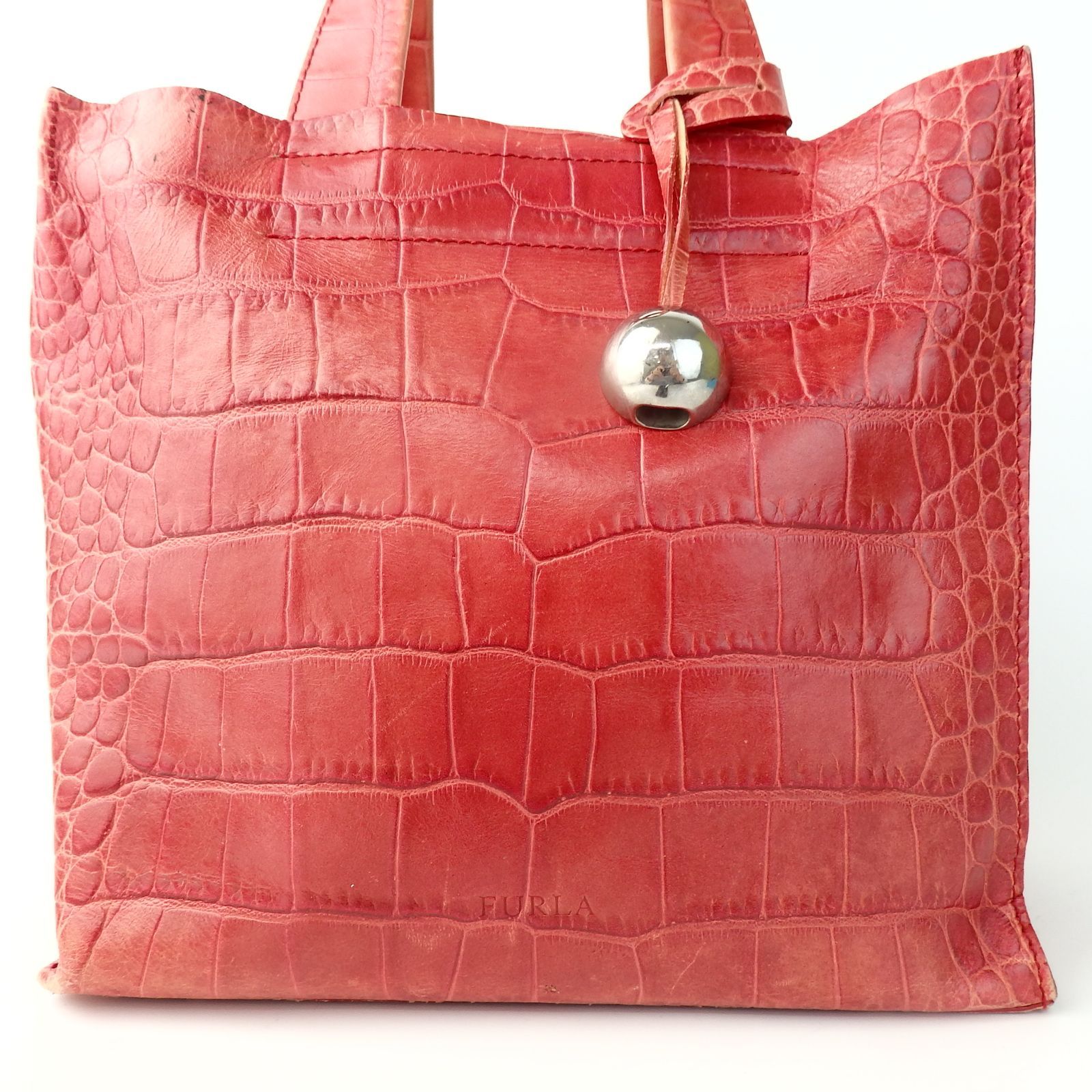フルラクロコハンドバック FURLA】フルラ クロコ 型押し ハンドバッグ レッド レザー