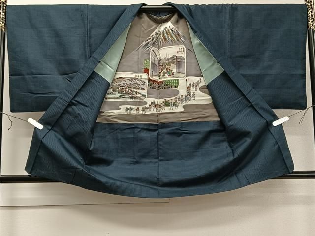 平和屋着物■極上　男性　紬　アンサンブル　亀甲柄　青褐色地　羽裏・龍　逸品　DZAB0441kh5 平和屋着物□極上 男性 紬 アンサンブル 亀甲柄 青褐色地 羽裏・龍