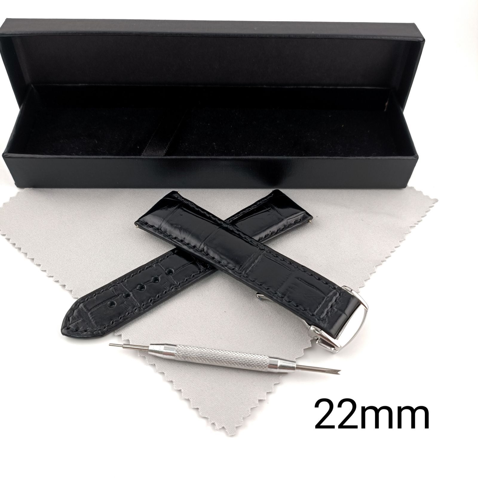 【名入れ無料】 22mm ブラック ワニ革ベルト レザー クロコダイル 交換用 腕時計 男性用