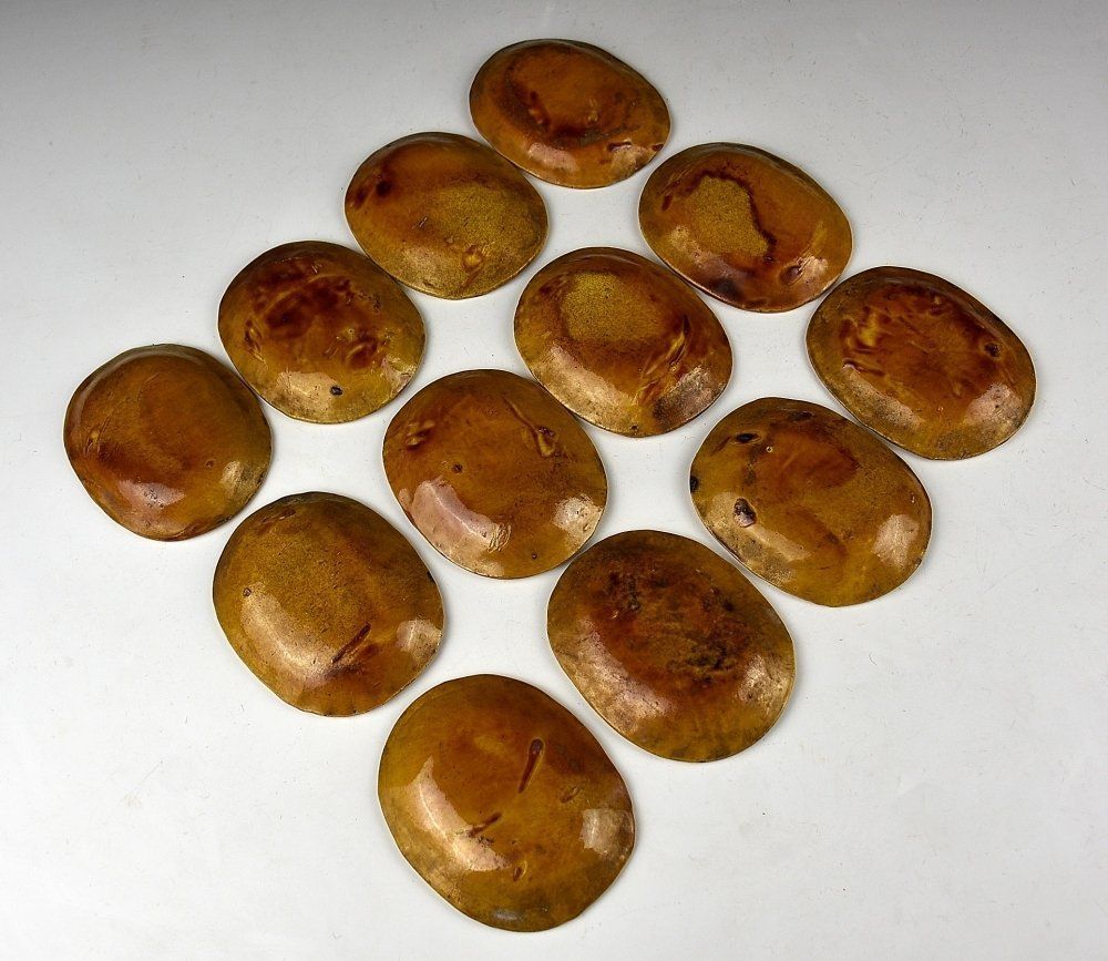 珉平焼/淡路焼 黄交趾龍図小判型皿 十二枚 珉