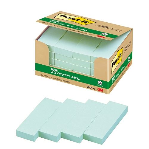 スリーエム(3M) ポストイット エコノパック ふせん 再生紙 グリーン 75×25mm 入数：1パック(20パッド) 5001-G(31413)