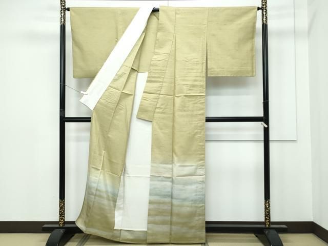 平和屋着物■極上　石川県指定無形文化財　牛首紬　白山工房　手織り　訪問着　単衣　霞文　桑染色地　逸品　CZAA2950s5 平和屋着物▽極上 石川県指定無形文化財 牛首紬 白山工房 手織り 訪問