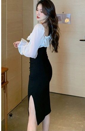 韓国のシックな気質の有名人のドレスの女性の春フリル長袖タイトなヒップスカート