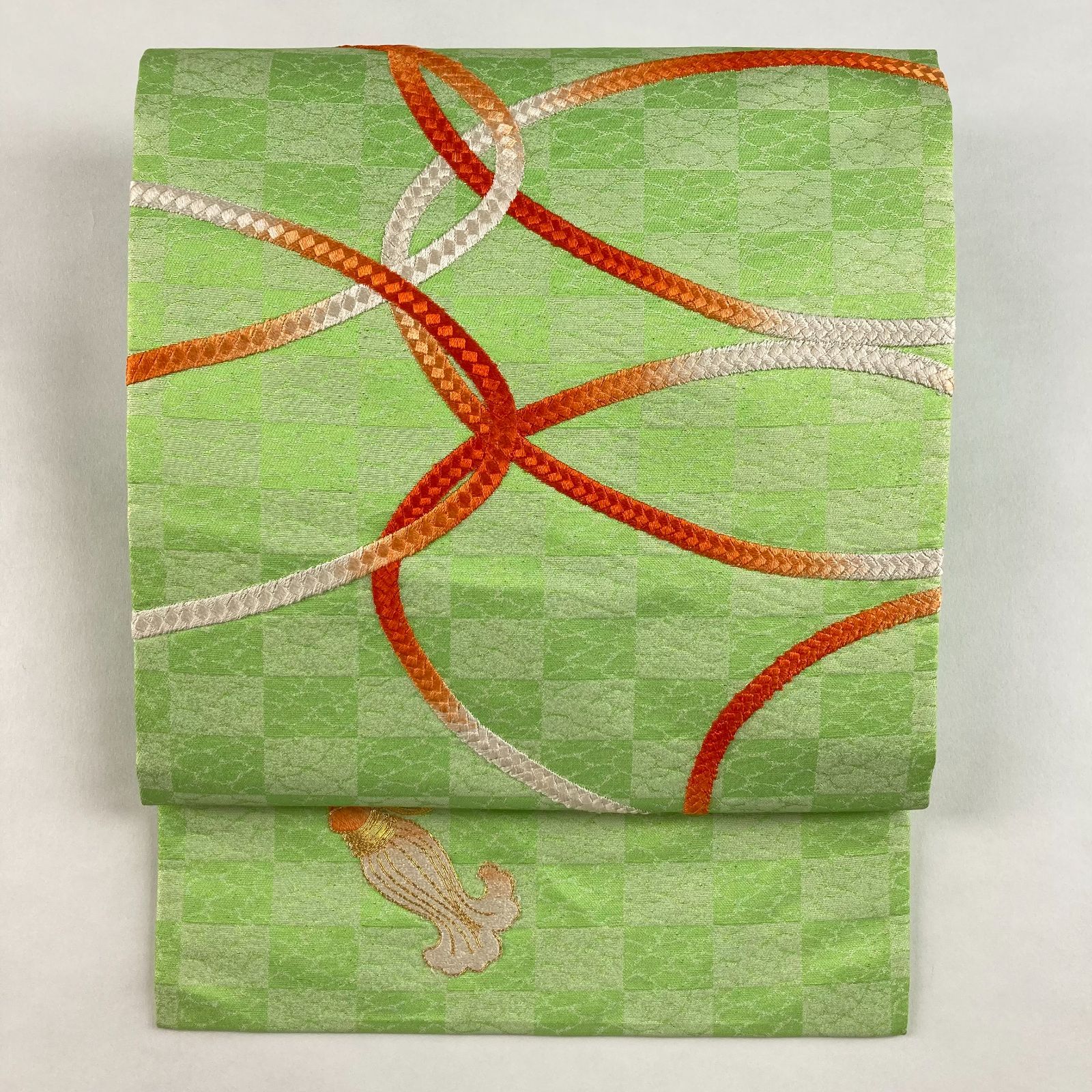 リユース帯 名古屋帯 黄緑 カジュアル 色糸 金駒刺繍 市松 組紐