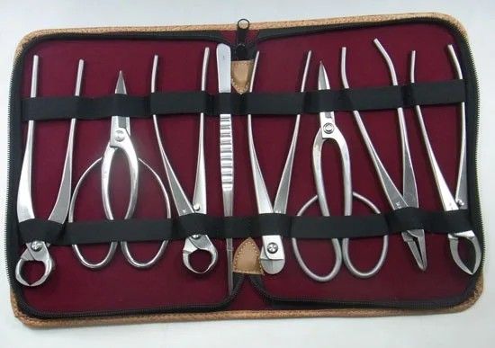 盆栽道具 8点組 ステンレス No.177A 又枝切 大 No.802 根切 大 No.813 針金切 大 No.815 ピンセット No.64B 矢床 大 No.819 コブ切 大 No.810 盆栽鋏 No.831 足長盆栽鋏 No.829 兼進作