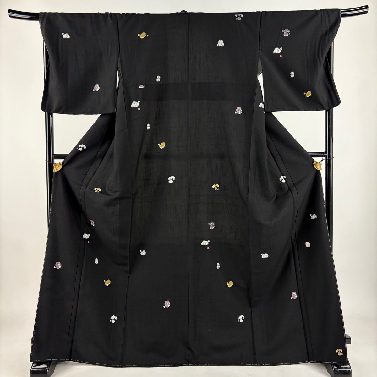 小紋 身丈170cm 裄丈68cm L 袷 青柳 紬地 奇翠 ほていや 落款 犬 絞り 黒 正絹