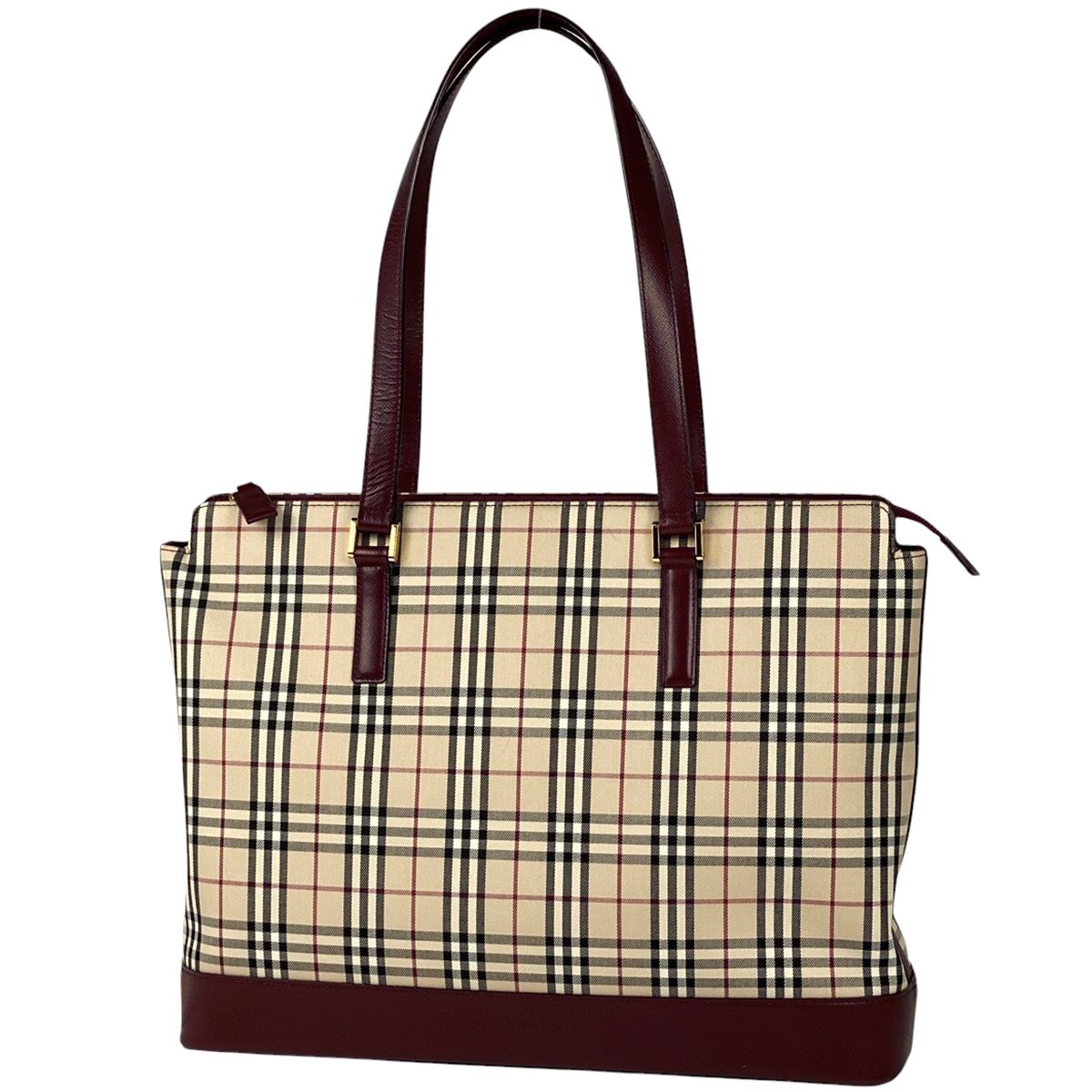 バーバリー BURBERRY ロゴ トートバッグ チェック柄 ショルダーバッグ 肩掛け トートバッグ キャンバス ベージュ ボルドー レディース